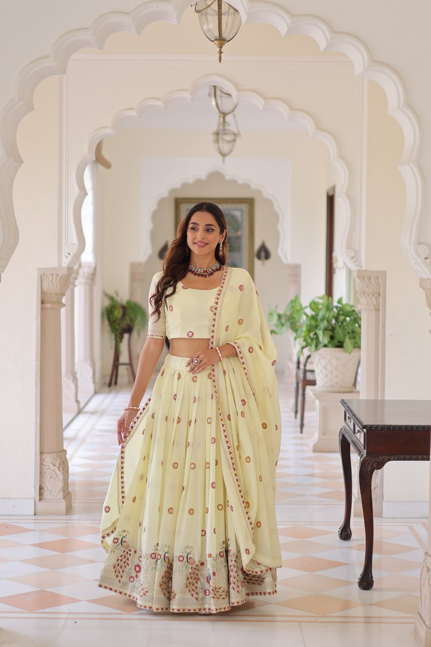Stunning Off White Multi Embroidered Lehenga Choli Set With Dupatta