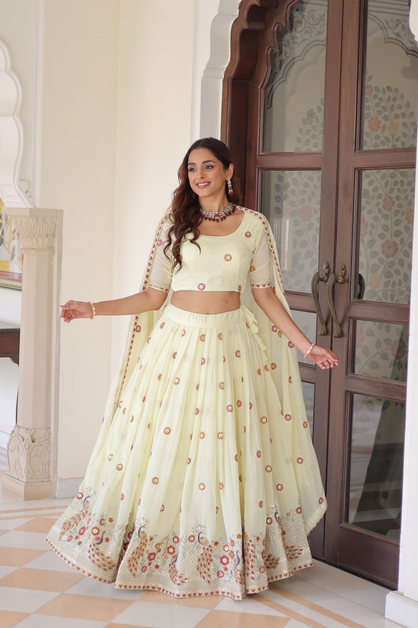 Stunning Off White Multi Embroidered Lehenga Choli Set With Dupatta
