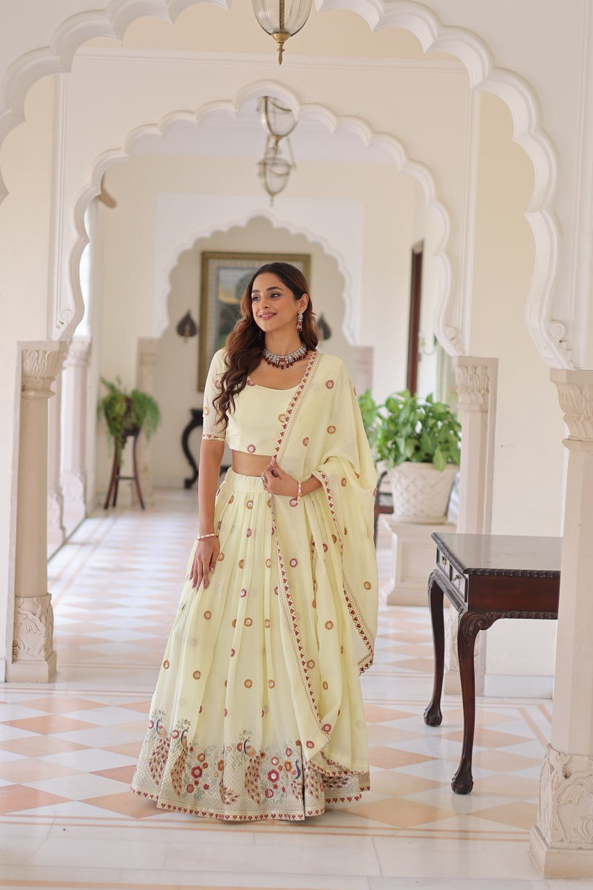 Stunning Off White Multi Embroidered Lehenga Choli Set With Dupatta