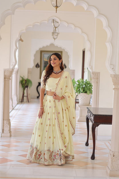 Stunning Off White Multi Embroidered Lehenga Choli Set With Dupatta