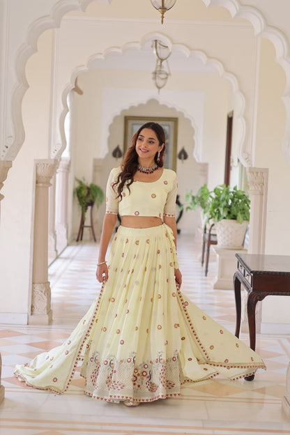 Stunning Off White Multi Embroidered Lehenga Choli Set With Dupatta