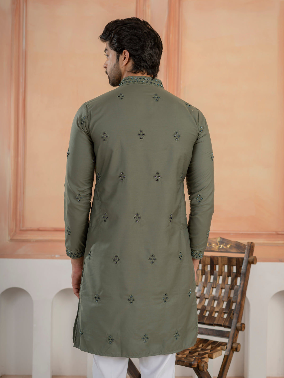 Olive Green Cotton Featuring Val-Moti Butta Work Kurta Set