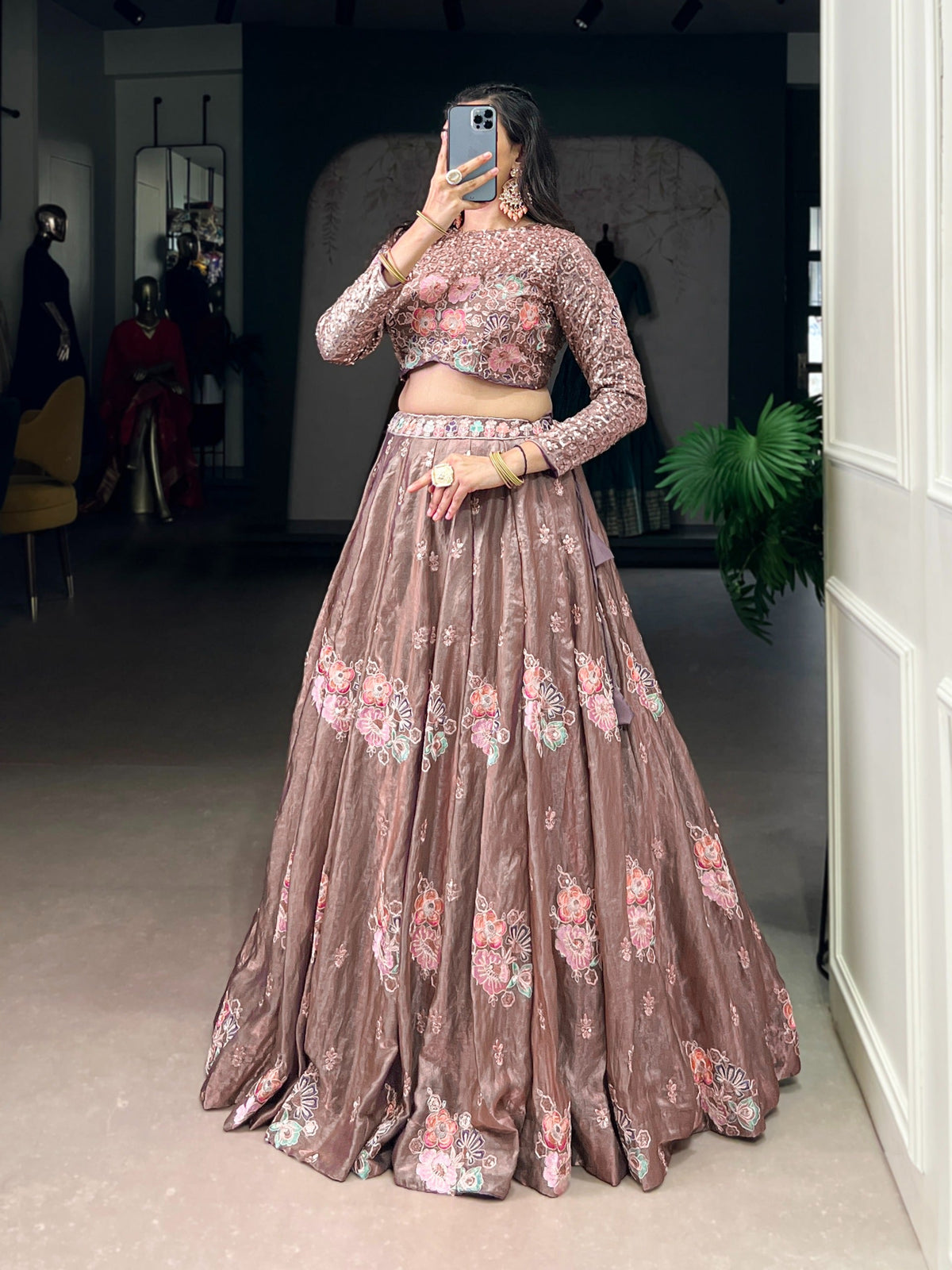 Elegant Onion Fendi Thread Embroidered Lehenga Outfit