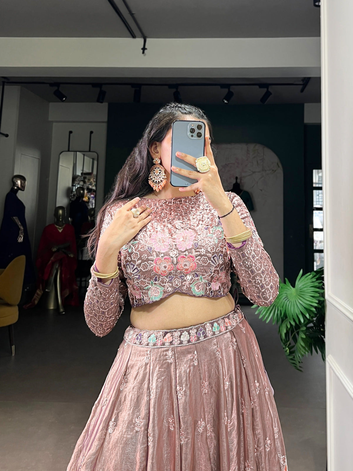Elegant Onion Fendi Thread Embroidered Lehenga Outfit