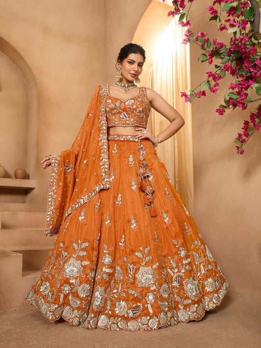 Luxury Rust Orange Pure Tissue Floral Embroidered Wedding Lehenga Choli