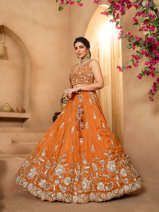 Luxury Rust Orange Pure Tissue Floral Embroidered Wedding Lehenga Choli