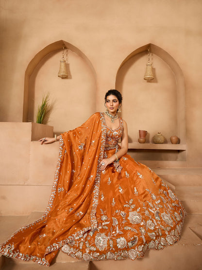 Luxury Rust Orange Pure Tissue Floral Embroidered Wedding Lehenga Choli