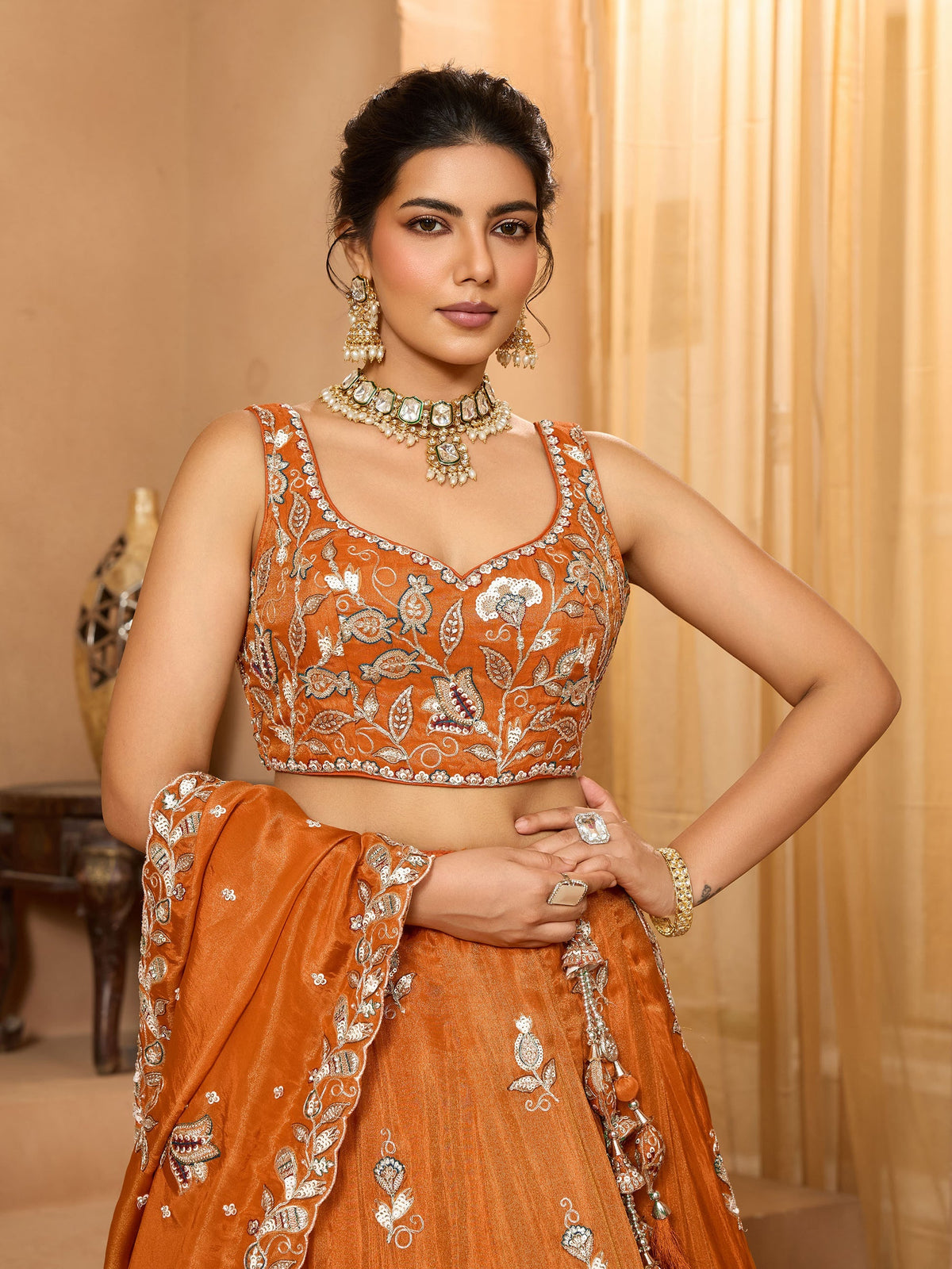 Luxury Rust Orange Pure Tissue Floral Embroidered Wedding Lehenga Choli