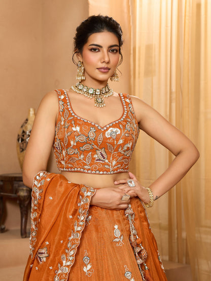 Luxury Rust Orange Pure Tissue Floral Embroidered Wedding Lehenga Choli