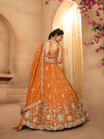 Luxury Rust Orange Pure Tissue Floral Embroidered Wedding Lehenga Choli