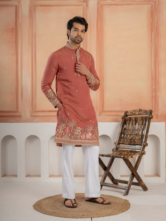 Dusty Orange Roman Shimmer Multi Colour Embroidery Work Kurta Set