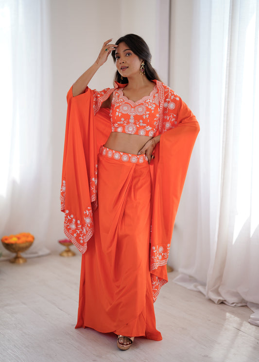 Festive Special Orange French Crepe Thread & Sequence Work Western Dhoti Set