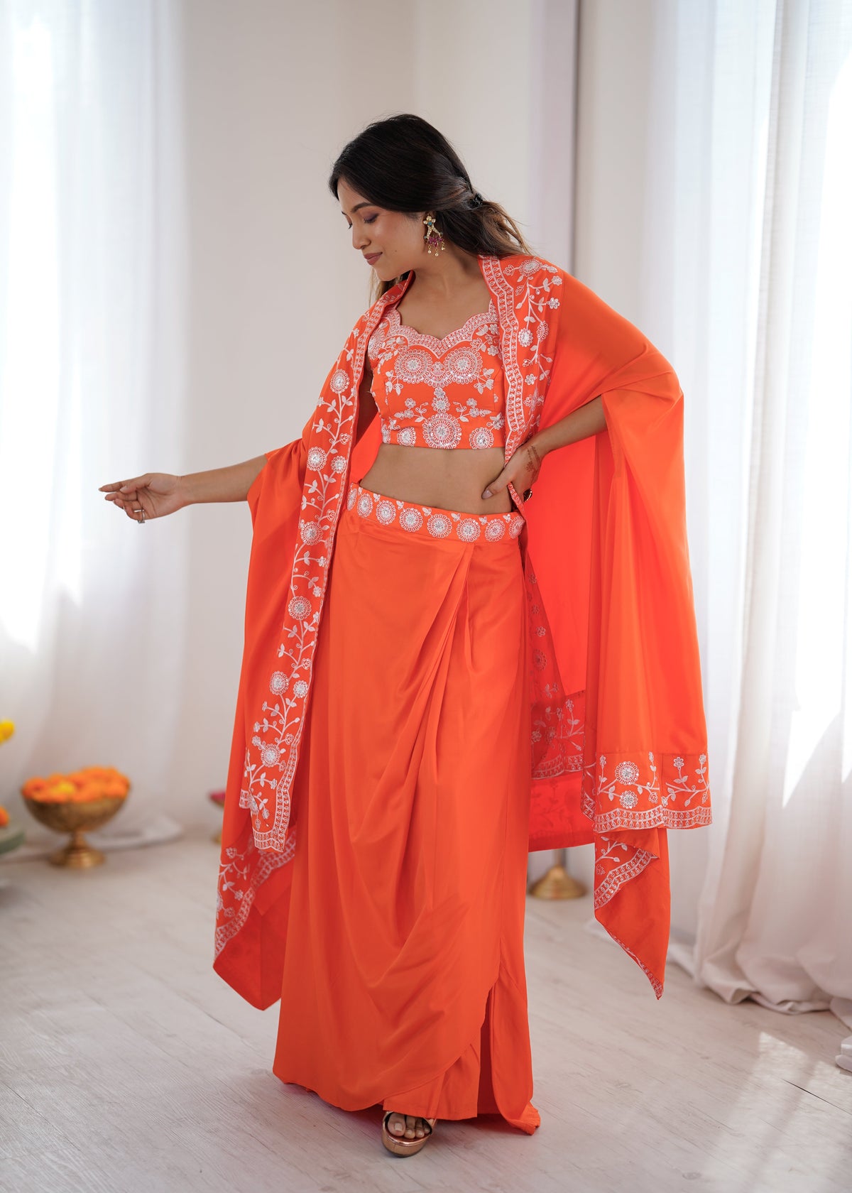 Festive Special Orange French Crepe Thread & Sequence Work Western Dhoti Set