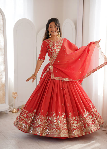 Royal Orange Heavy Simmer Silk Lehenga Choli Set With Dupatta