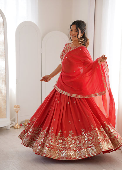 Royal Orange Heavy Simmer Silk Lehenga Choli Set With Dupatta