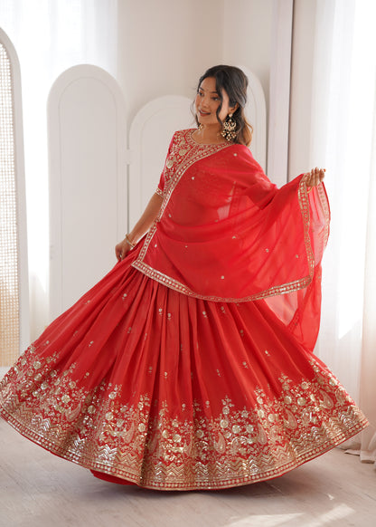 Royal Orange Heavy Simmer Silk Lehenga Choli Set With Dupatta