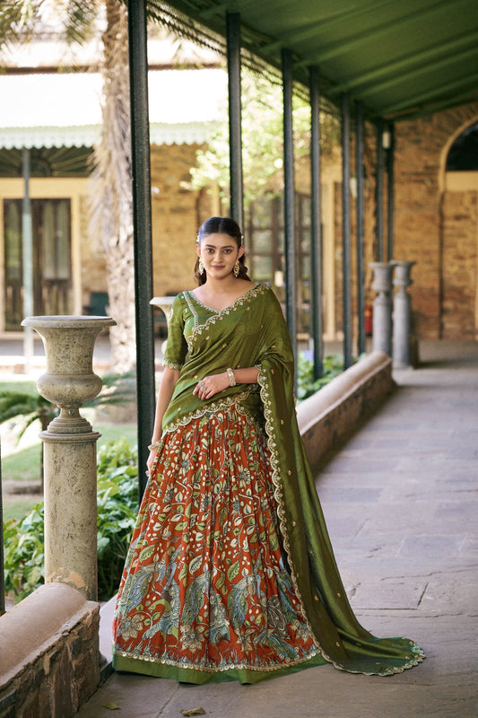 Rust Orange Tasar Silk Kalamkari Print Lehenga Choli with Dupatta Set