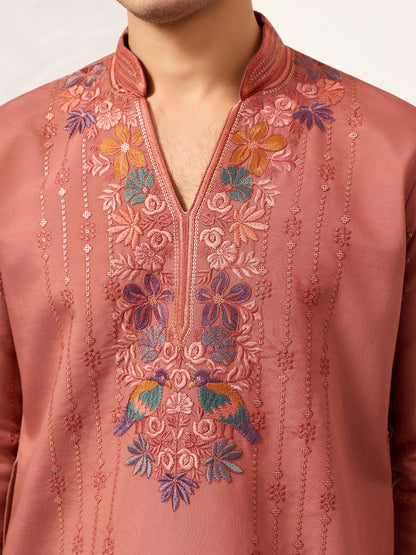 Elegant Royal V Style Orange Kurta Pant for Mens wear