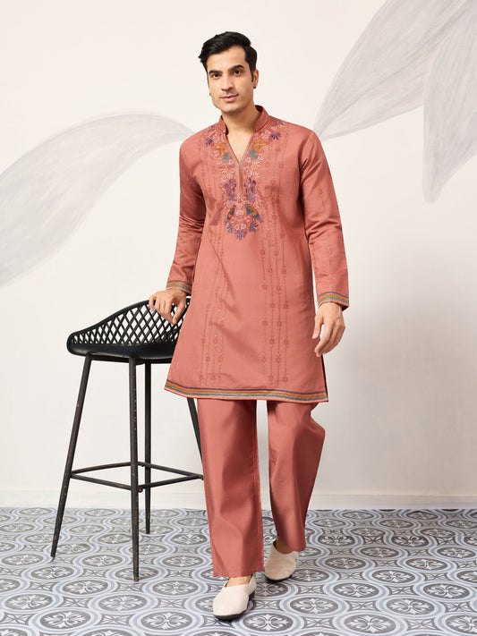 Elegant Royal V Style Orange Kurta Pant for Mens wear