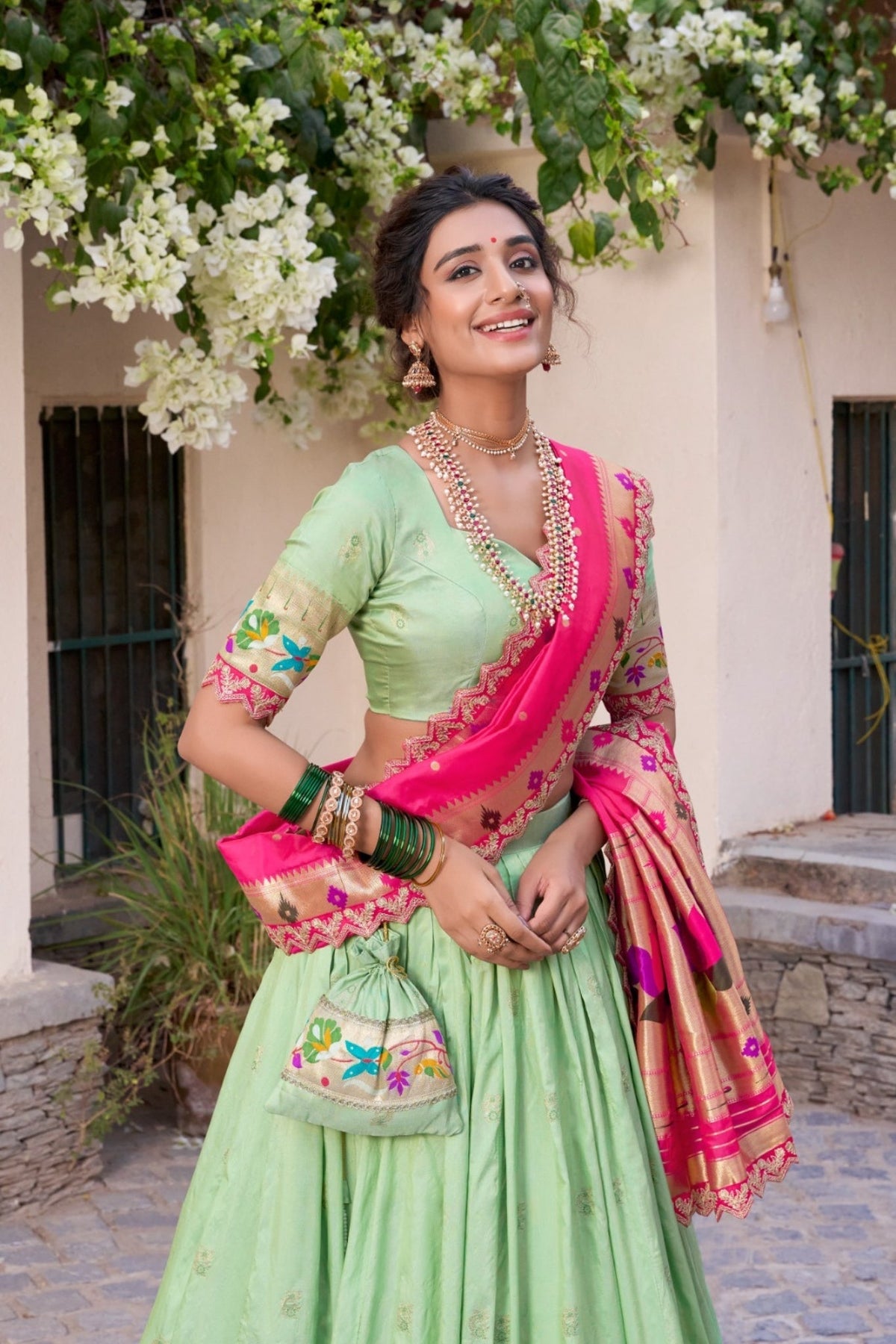 Traditional Paithani Jacquard Silk Lehenga Set For Wedding