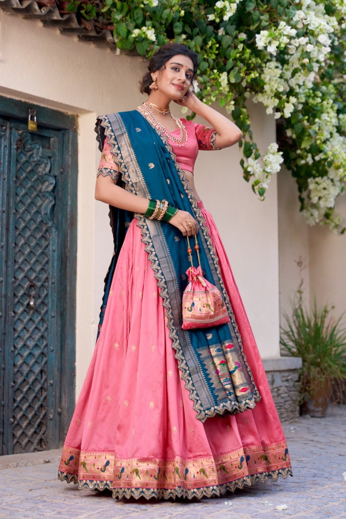 Traditional Paithani Jacquard Silk Lehenga Set For Wedding