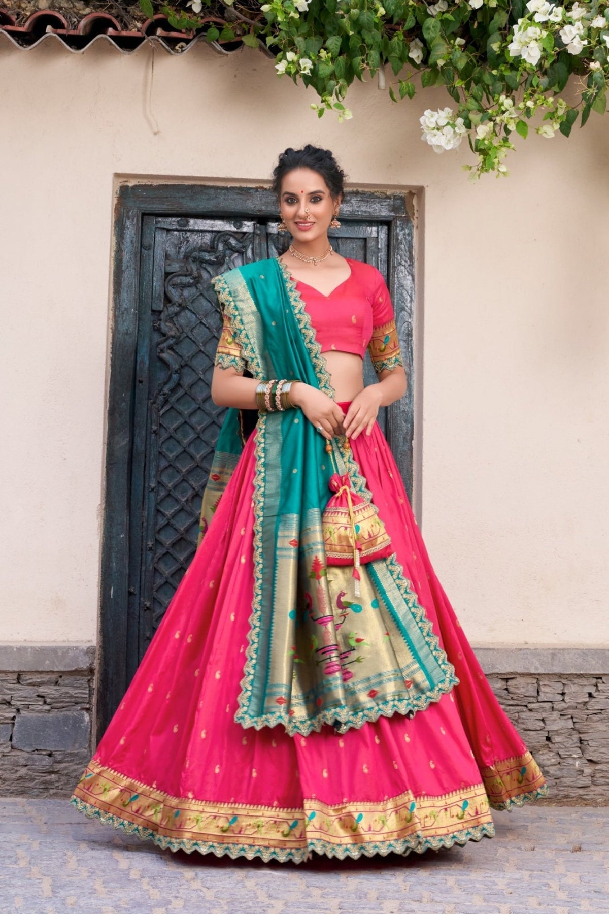 Traditional Paithani Jacquard Silk Lehenga Set For Wedding