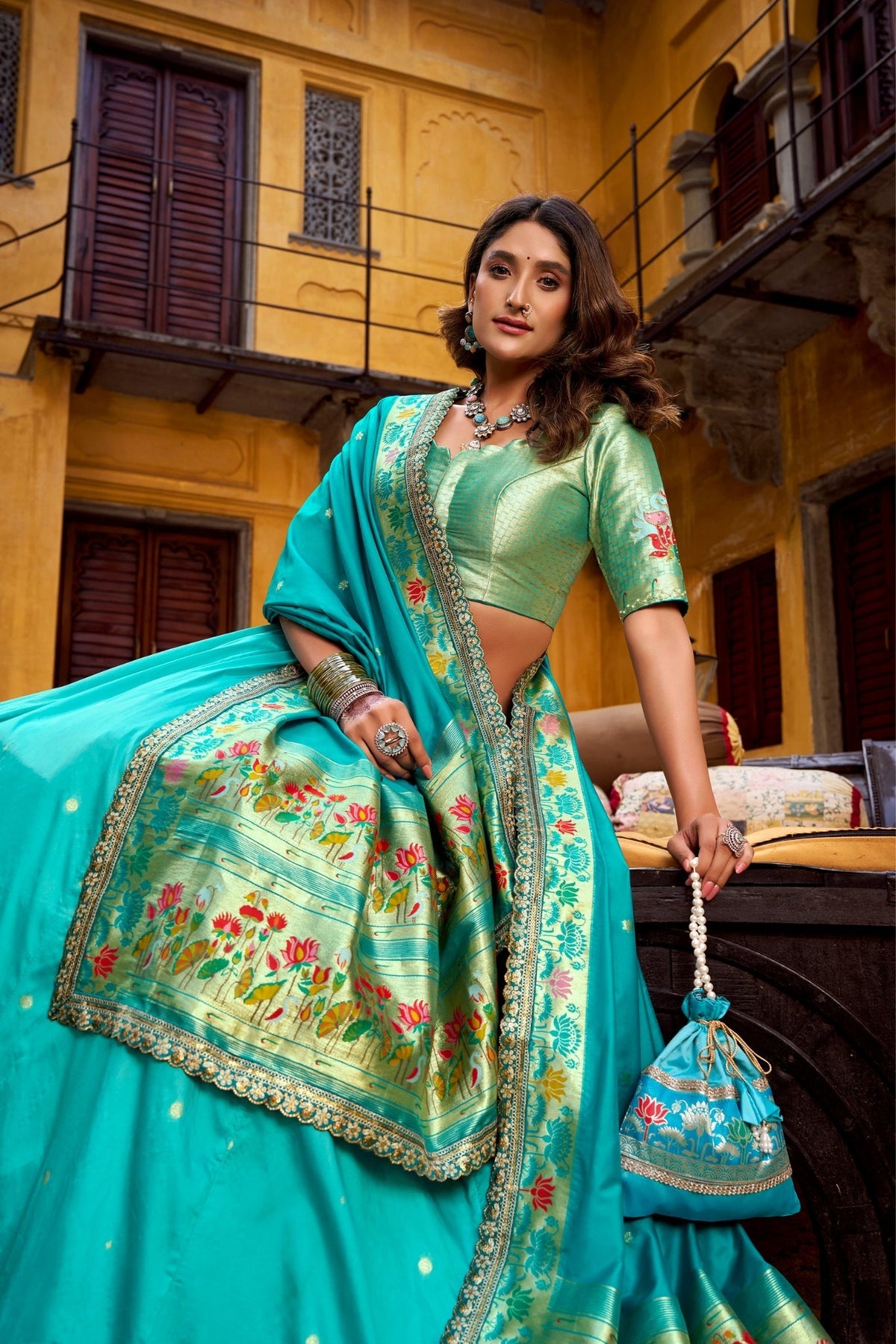 Designer Premium Paithani Soft Silk Zari Weaving Sequins With Thread Embroidery Lehenga Set