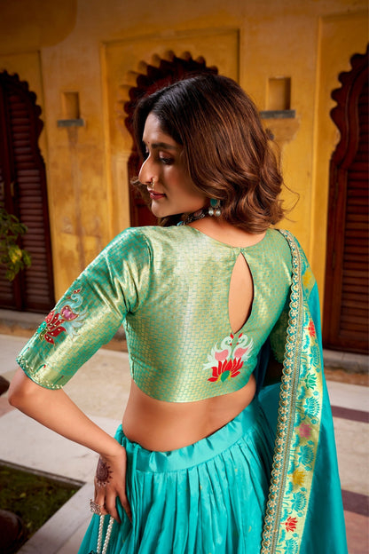 Designer Premium Paithani Soft Silk Zari Weaving Sequins With Thread Embroidery Lehenga Set
