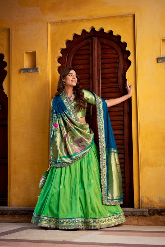 Designer Premium Paithani Soft Silk Zari Weaving Sequins With Thread Embroidery Lehenga Set
