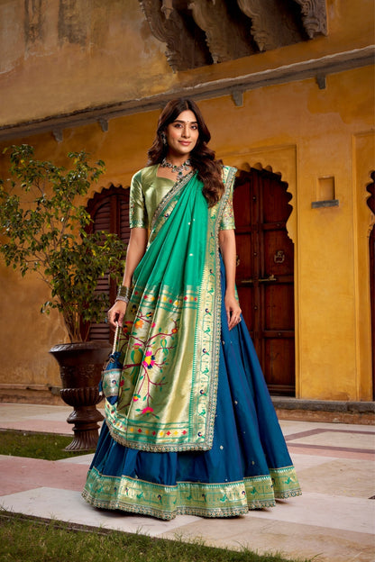 Designer Premium Paithani Soft Silk Zari Weaving Sequins With Thread Embroidery Lehenga Set