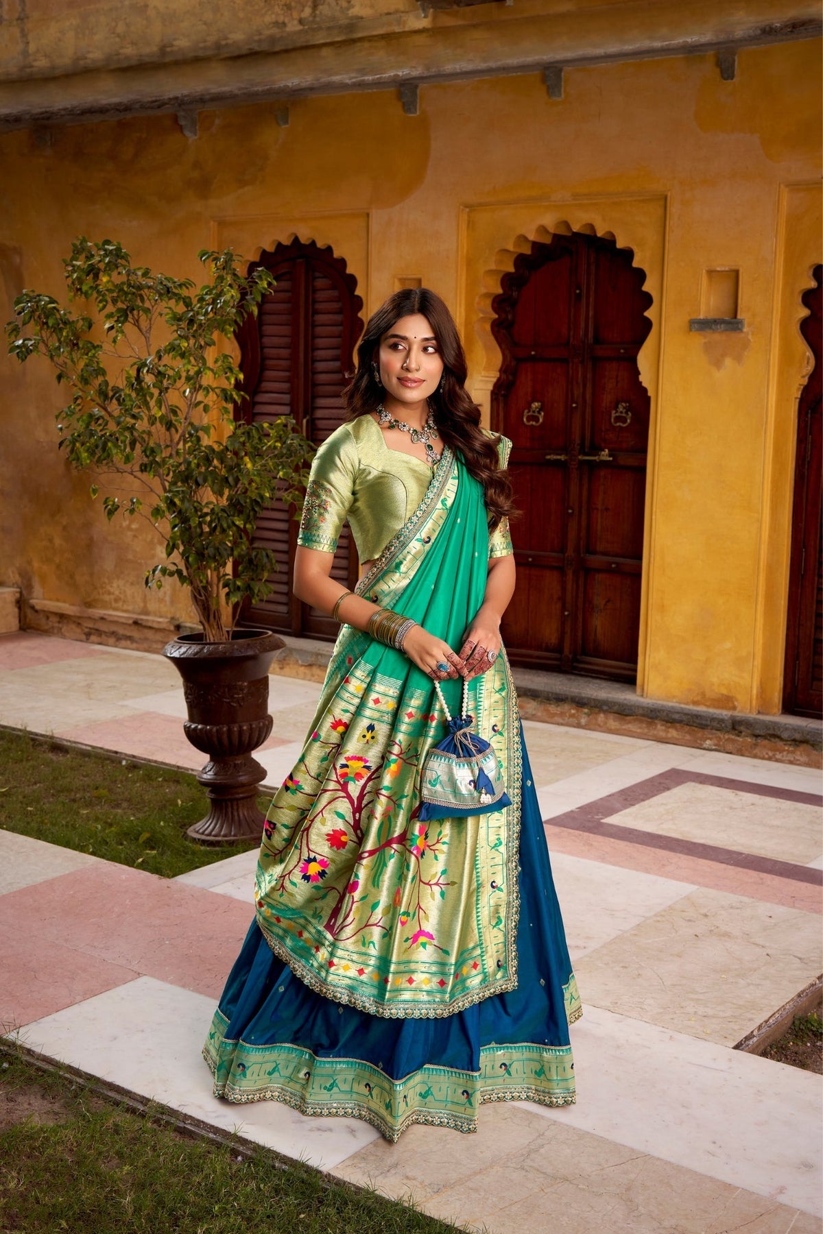 Designer Premium Paithani Soft Silk Zari Weaving Sequins With Thread Embroidery Lehenga Set