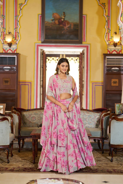 Luxury Pastel Georgette Embroidery Sequins Work Lehenga Set with Batwa 