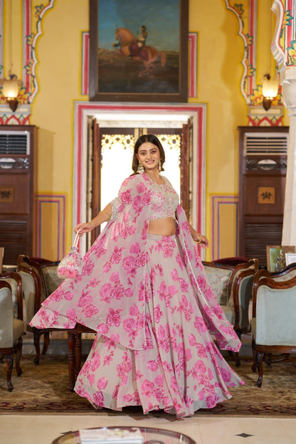 Luxury Pastel Georgette Embroidery Sequins Work Lehenga Set with Batwa