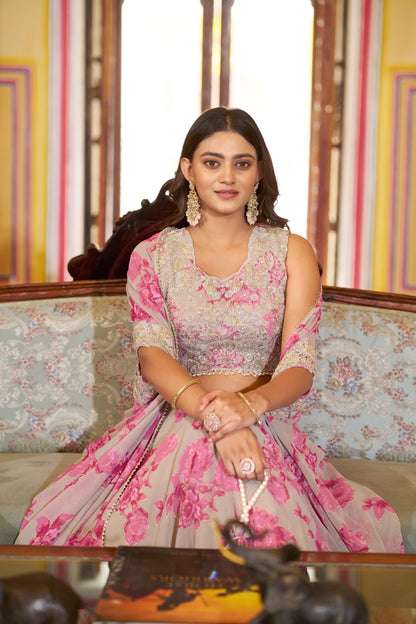 Luxury Pastel Georgette Embroidery Sequins Work Lehenga Set with Batwa