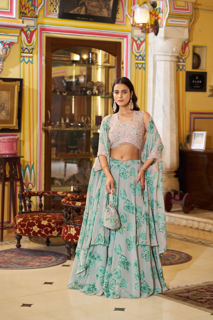 Luxury Pastel Georgette Embroidery Sequins Work Lehenga Set with Batwa 