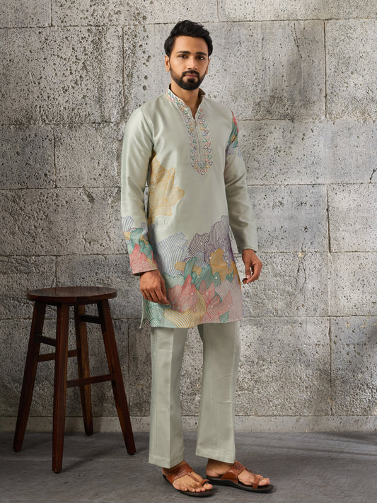 Pastel Pista Green Soft Silk Festive Kurta Set For Mens Wear