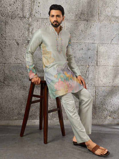 Pastel Pista Green Soft Silk Festive Kurta Set For Mens Wear