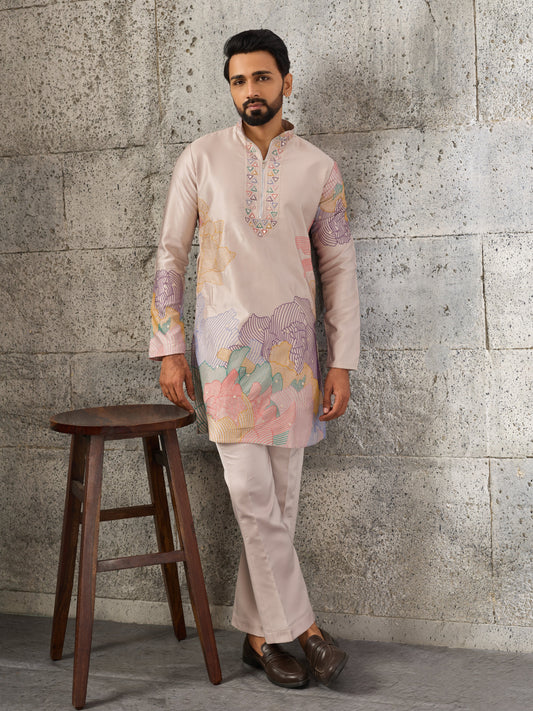 Peach Premium Soft Silk Embroidered Kurta Bell Bottom Set