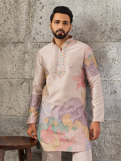 Peach Premium Soft Silk Embroidered Kurta Bell Bottom Set