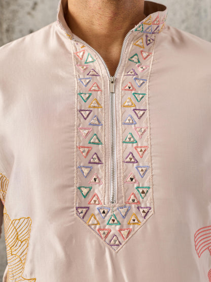Peach Premium Soft Silk Embroidered Kurta Bell Bottom Set