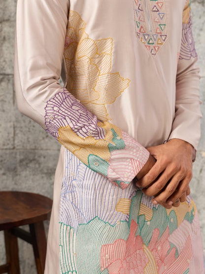Peach Premium Soft Silk Embroidered Kurta Bell Bottom Set