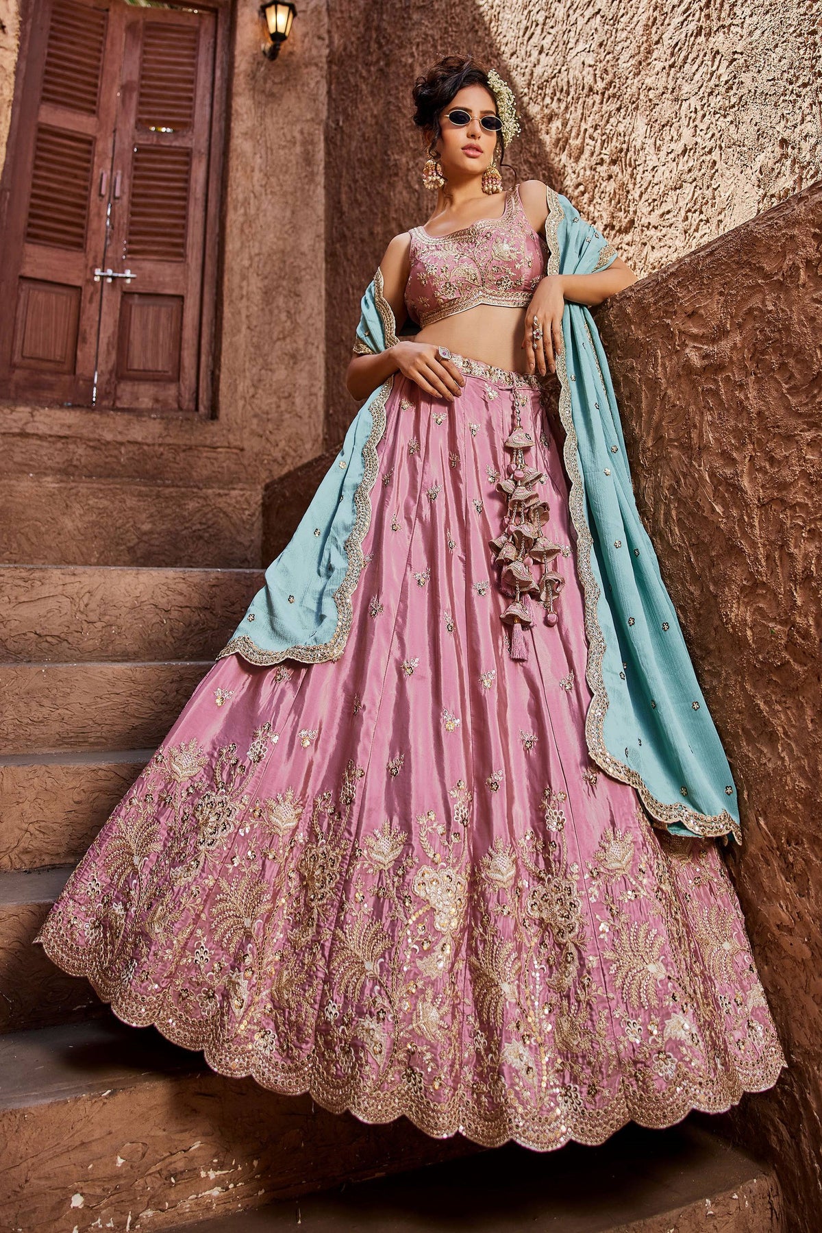 Luxury Pink Art Silk Floral Dori Sequins Embroidered Wedding Lehenga Choli