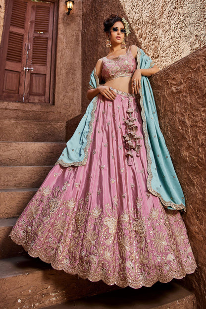 Luxury Pink Art Silk Floral Dori Sequins Embroidered Wedding Lehenga Choli