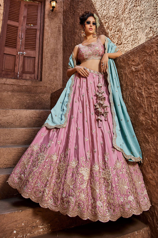Luxury Pink Art Silk Floral Dori Sequins Embroidered Wedding Lehenga Choli