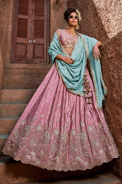 Luxury Pink Art Silk Floral Dori Sequins Embroidered Wedding Lehenga Choli
