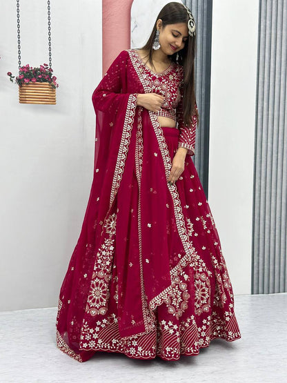 Heavy Sequence & Thread Work Rani Pink Georgette Ready to Wear Lehenga Choli Set 