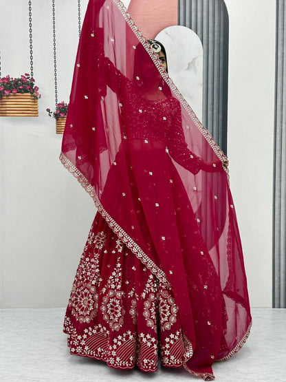 Heavy Sequence & Thread Work Rani Pink Georgette Ready to Wear Lehenga Choli Set