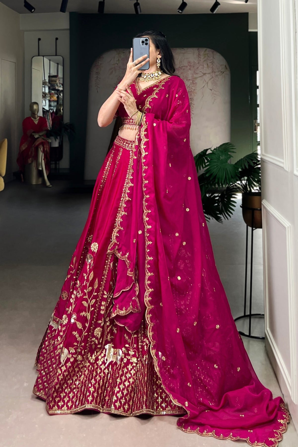 Luxury Natural Silk Pink Designer Sequins With Thread Embroidery Lehenga Set