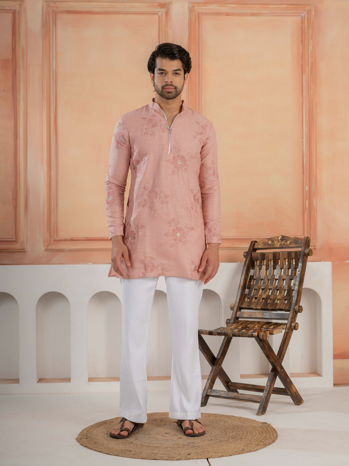Premium Pink Linen Embroidered Kurta Set For Men