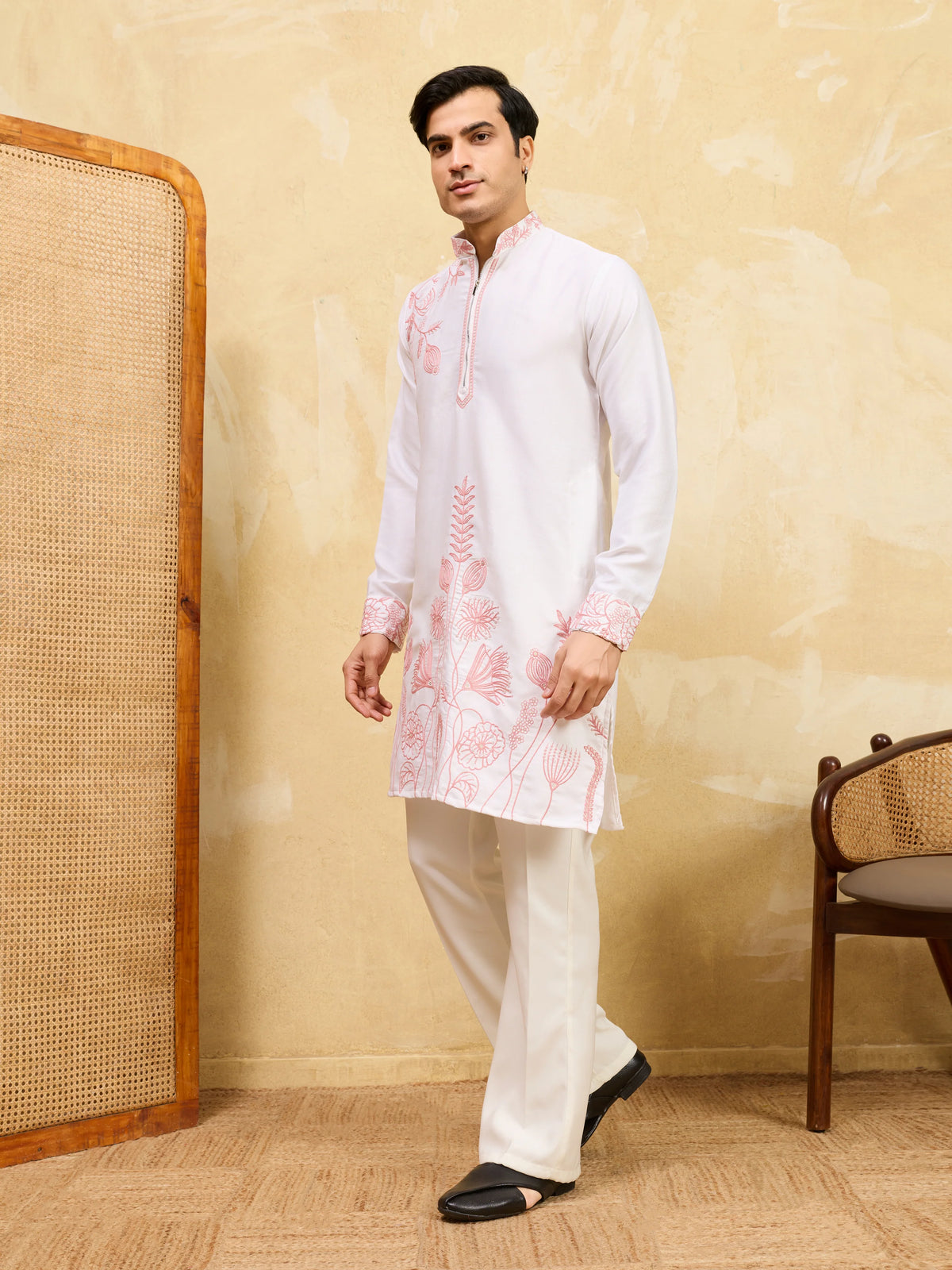 Signature White Khadi Silk Men’s Kurta with Pink Thread Work